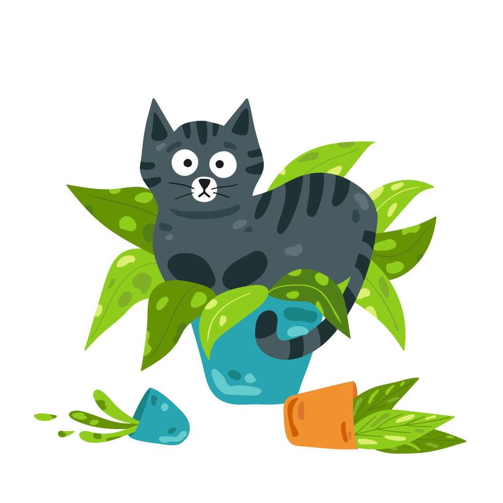 A black cat sits in a pot with a flower. The prankster cat turned over all the flowers. Vector illustration