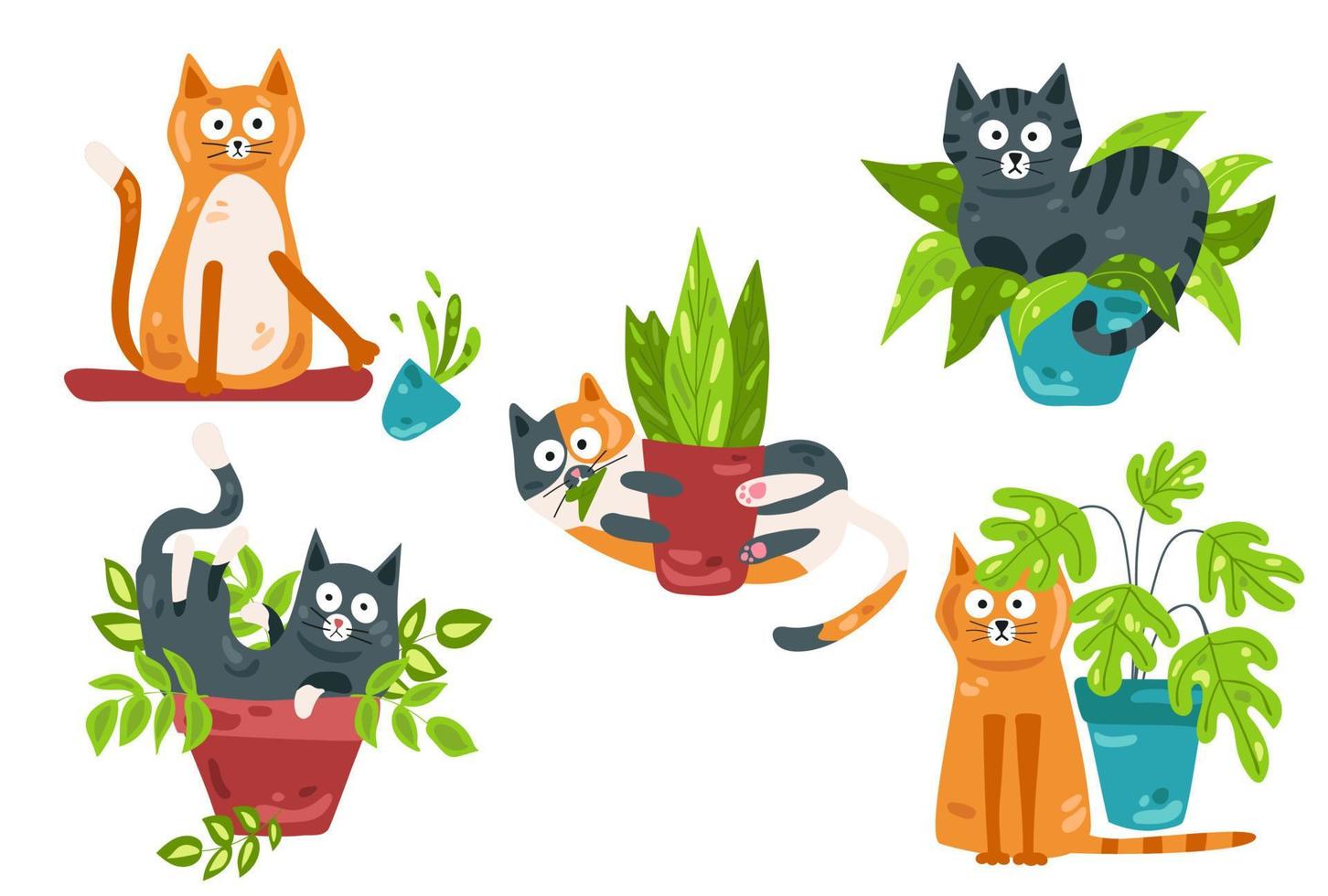 Cats play with potted flowers. Joker cats. Vector illustration