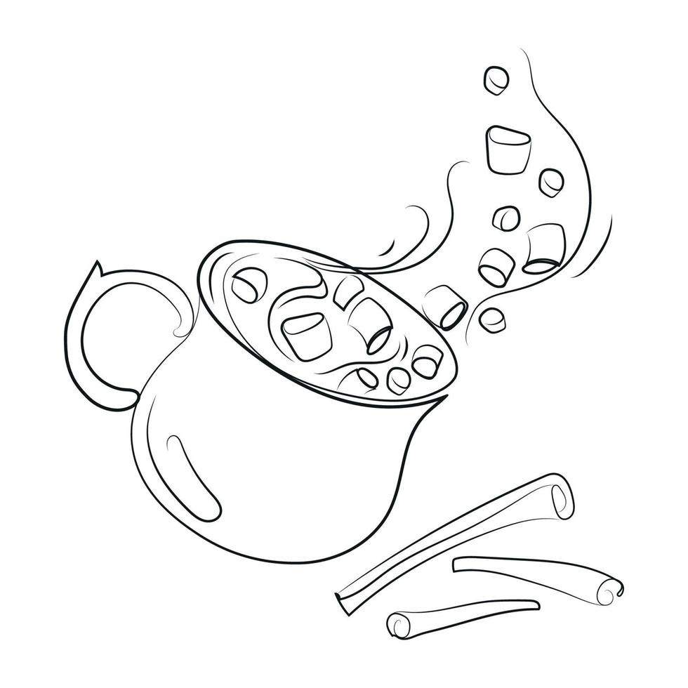 Cocoa drink with marshmallows and cinnamon sticks Line art drawing vector illustration.Hot chocolate or cocoa with flying marshmallows in a cup,black and white sketch drawing.Logo, emblem design