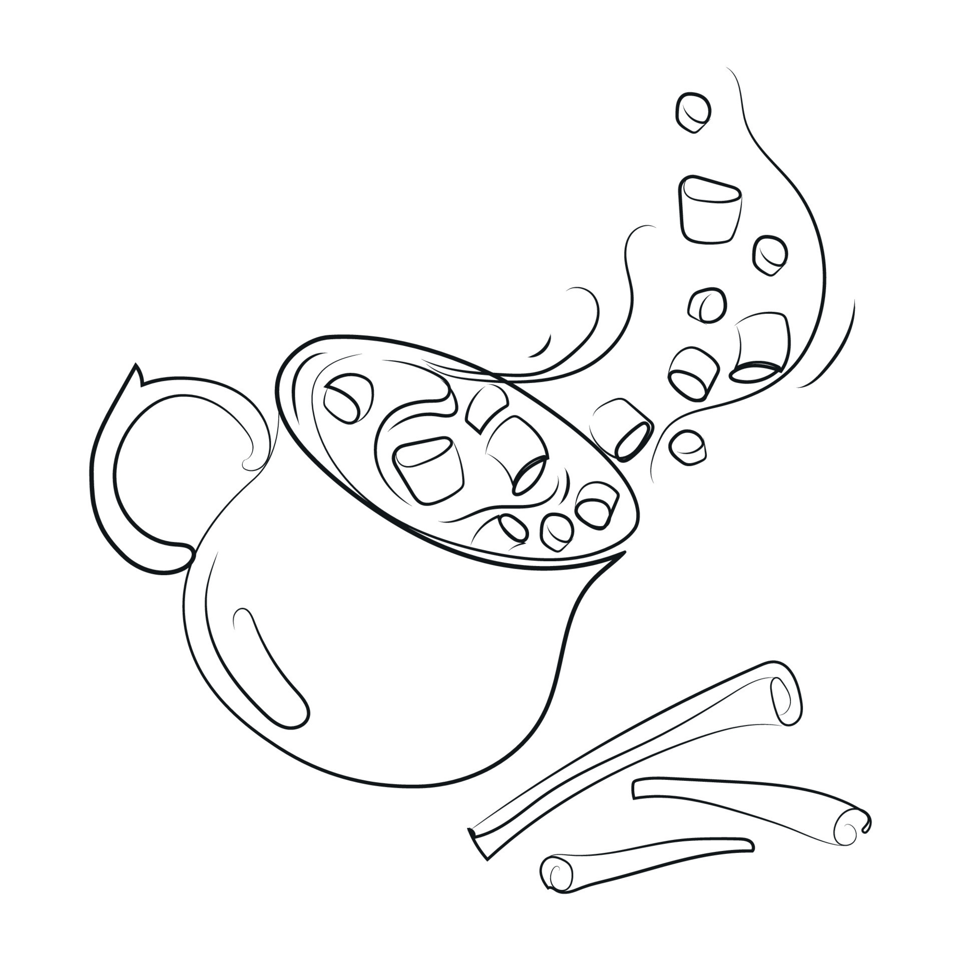 Cocoa drink with marshmallows and cinnamon sticks Line art drawing