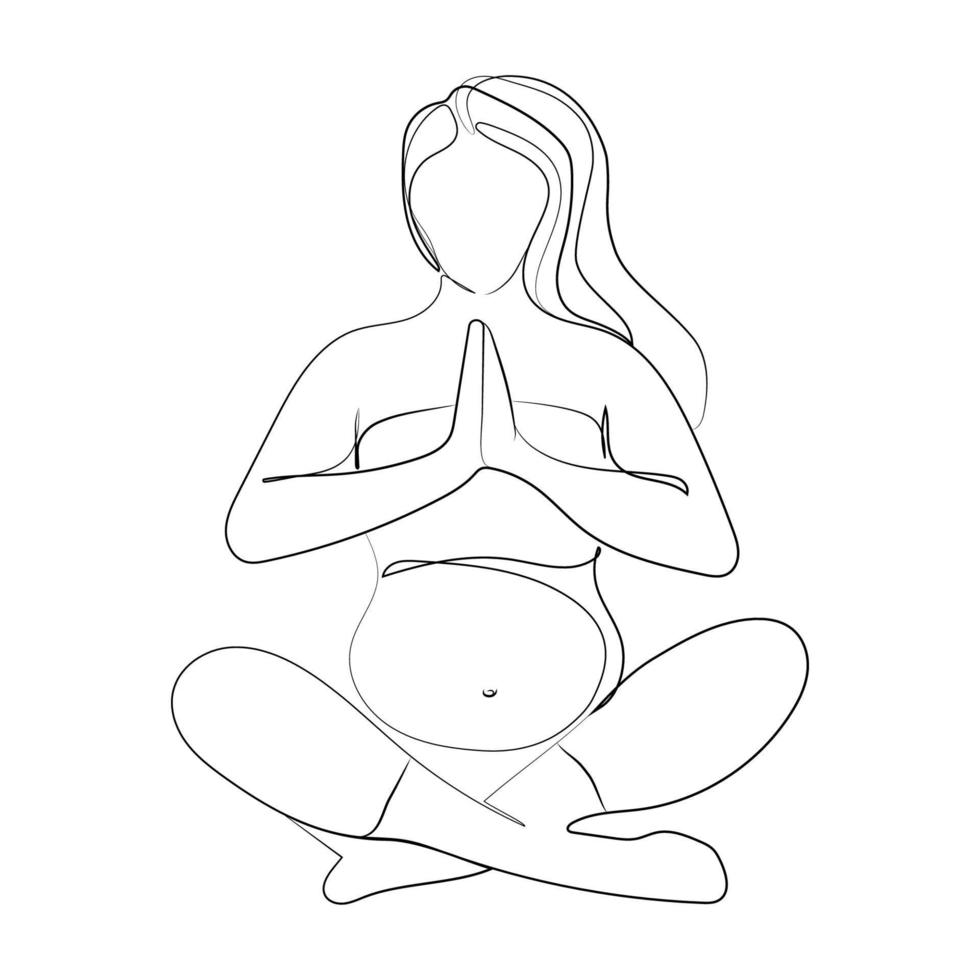 Pregnant women in lotus position with folded hands Vector line drawing in minimal art style.Pregnan girl meditates and practices yoga.Minimalist design for logo,icon,emblem.Mom and baby mental health