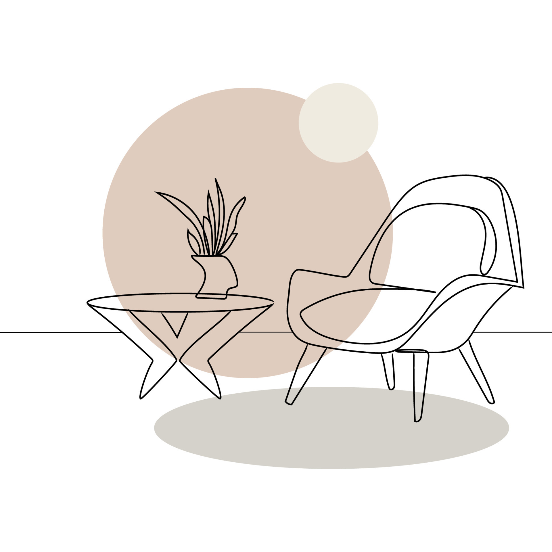 Armchair and table with vase with flowers Line drawing with