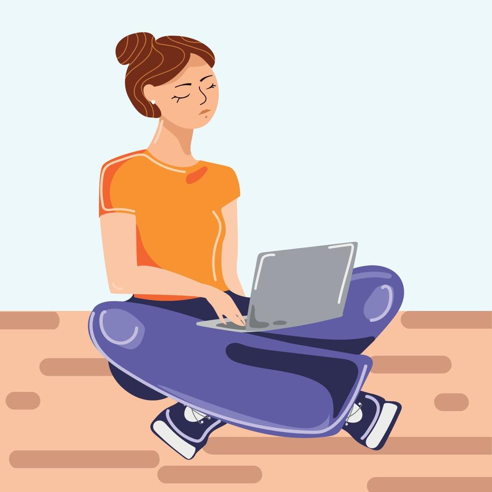Young woman,girl working on laptop computer while sitting on the floor with legs crossed vector flat illustration. Person working or studying at home.Freelancer girl with laptop.