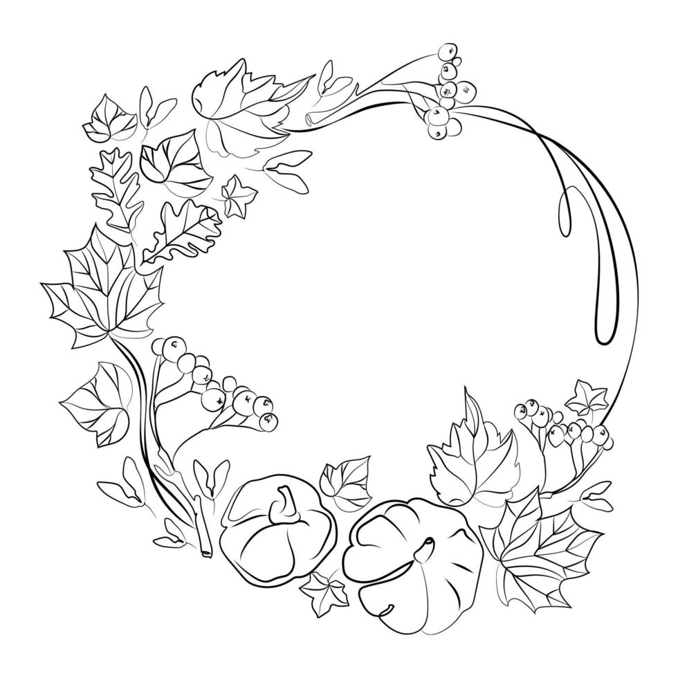 corona de marco redondo de otoño con calabazas, hojas y ramas de vector de serbal ilustración de boceto en blanco y negro. dibujo de arte lineal corona de otoño con regalos de la naturaleza con espacio vacío para texto.