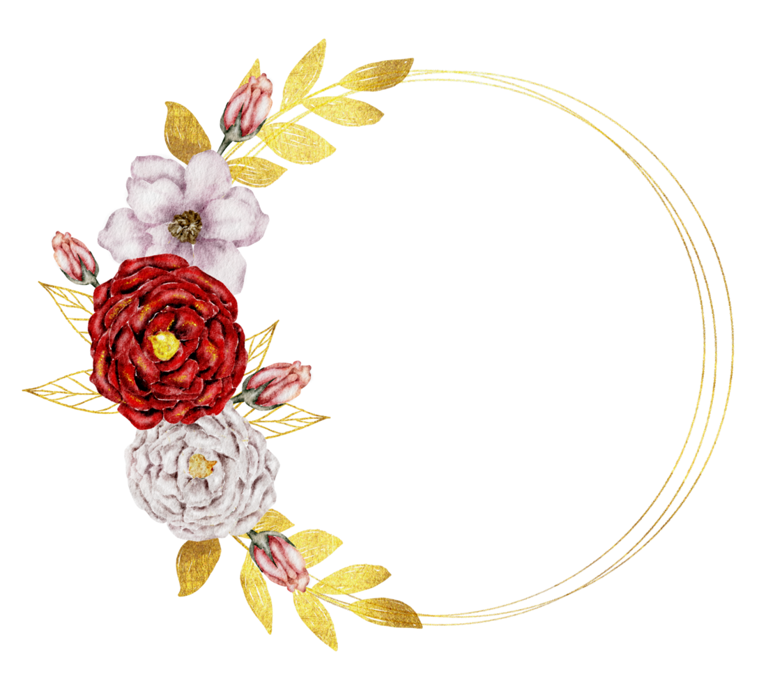 aquarelle de couronne de fleurs roses et rouges avec cadre doré png