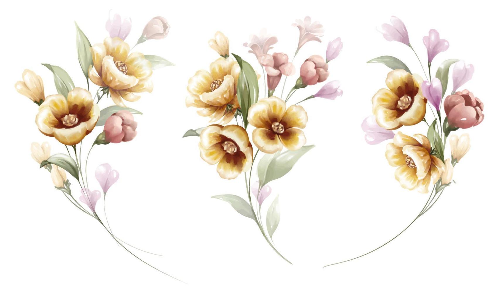 Set of Watercolor red and yellow floral bouquet vector