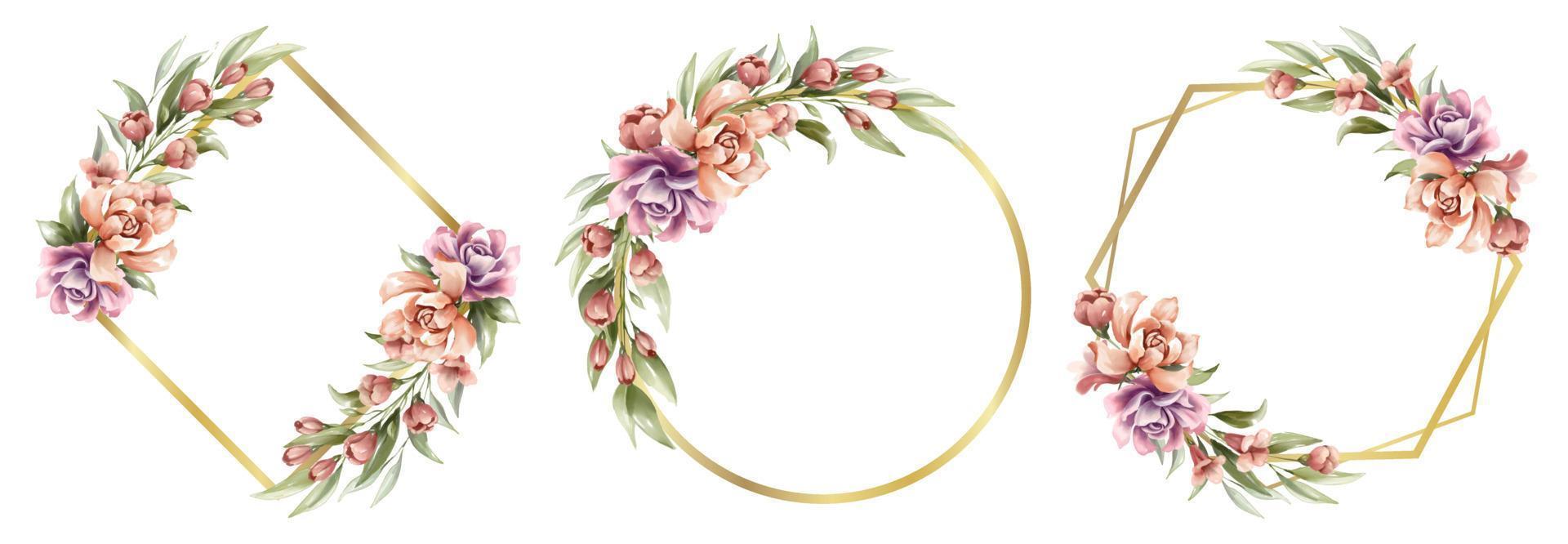Beautiful purple and orange floral watercolor with golden frame vector