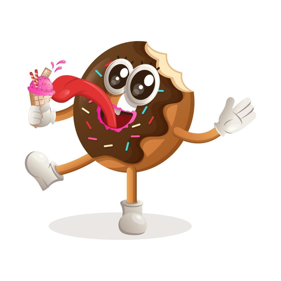 Cute donut mascot eat ice cream, ice cream cone vector
