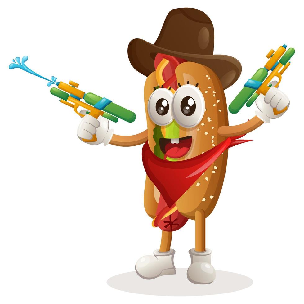 Cute hotdog mascot playing with water gun toy vector