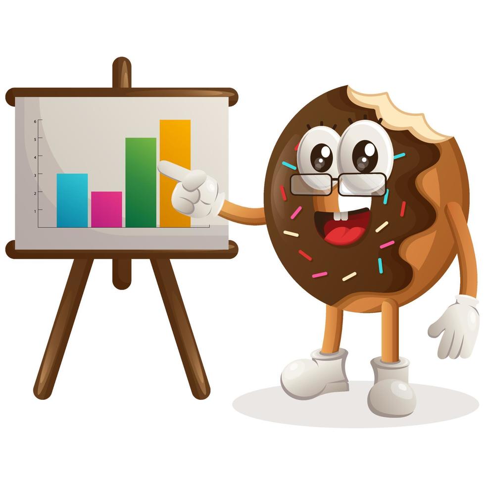 Cute donut mascot gives report presentation, shows column graphics vector