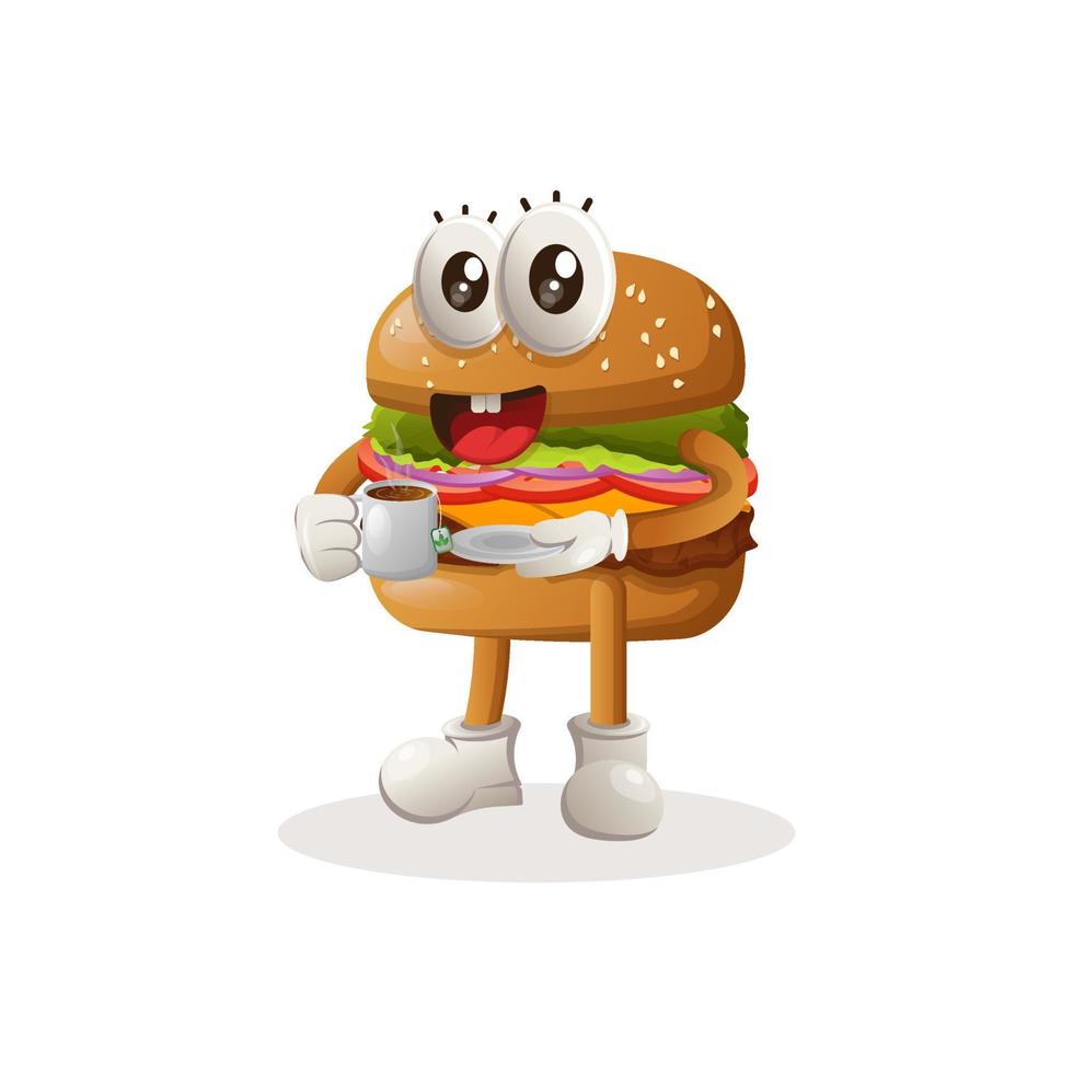 Cute burger mascot design drinking tea, tea time vector