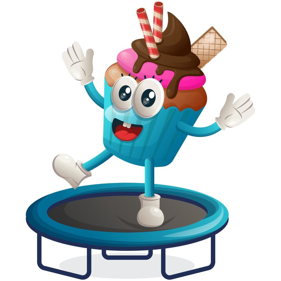 Cute cupcake mascot playing trampoline game vector