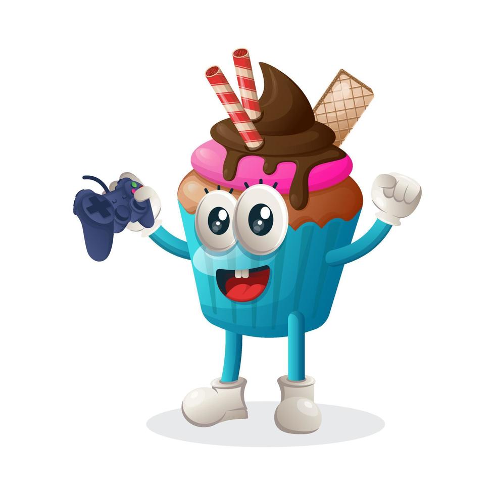 Cute cupcake mascot playing videogame with holding joystick vector