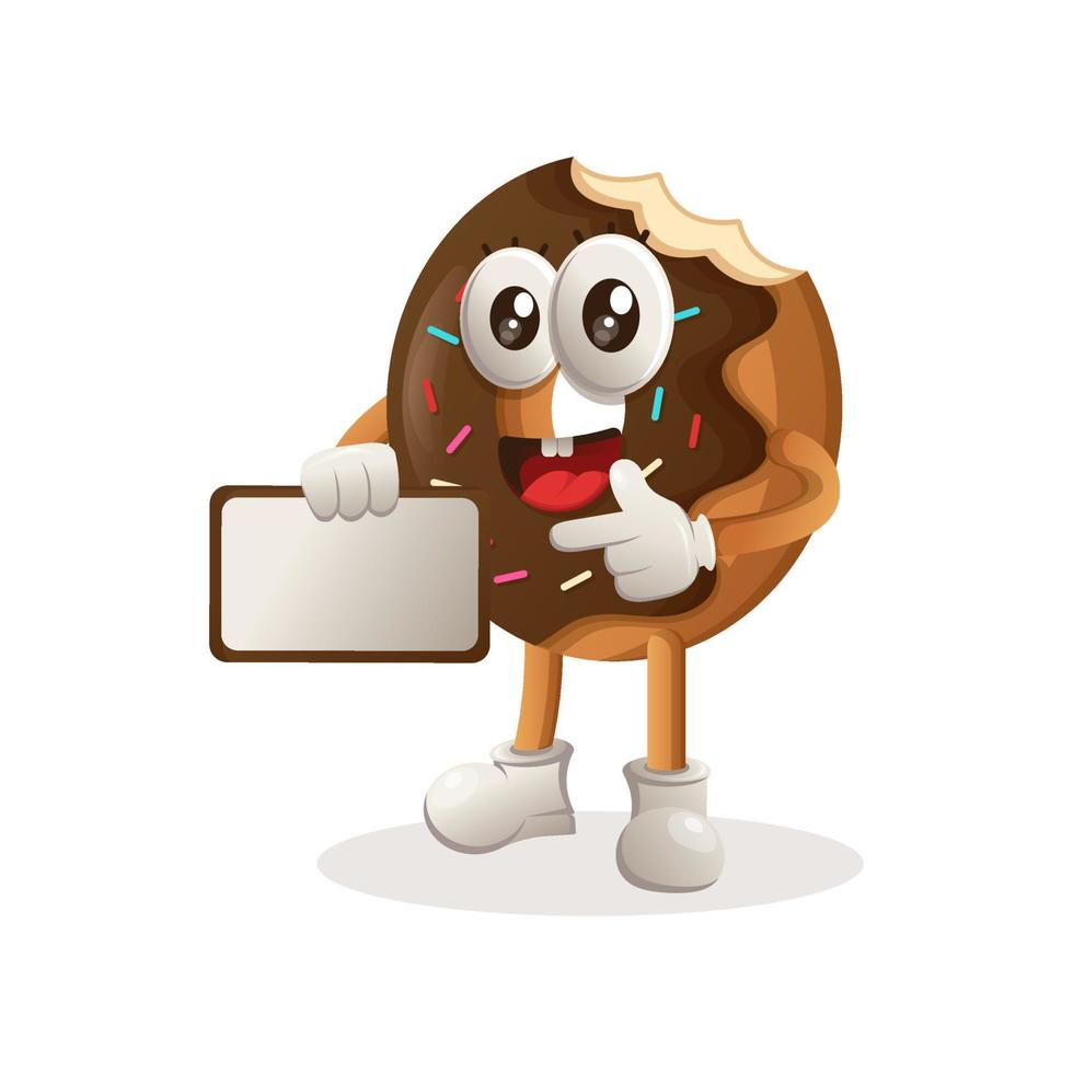 Cute donut mascot holding billboards for sale, sign board vector