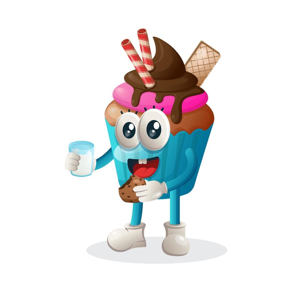 Cute cupcake mascot drink milk and eat cookie vector