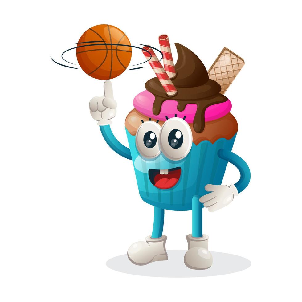 Cute cupcake mascot playing basketball, freestyle with ball vector
