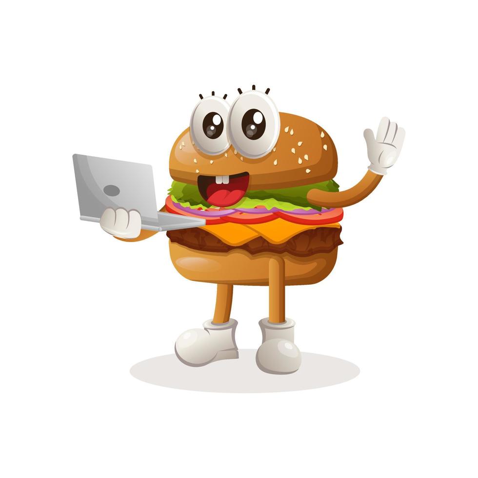 Cute burger mascot design working using a laptop vector