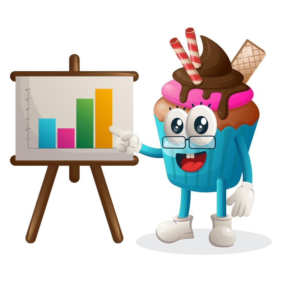 Cute cupcake mascot gives report presentation, shows column graphics vector
