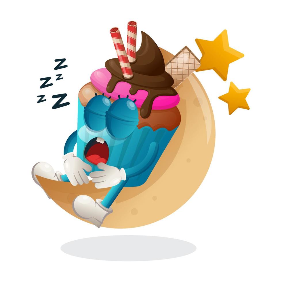 Cute cupcake mascot sleeping, sleeping on the moon vector