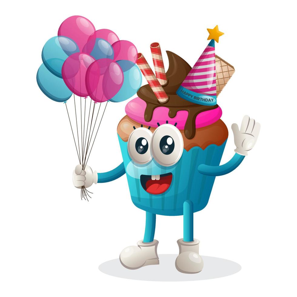 linda mascota de magdalenas con un sombrero de cumpleaños, sosteniendo globos vector