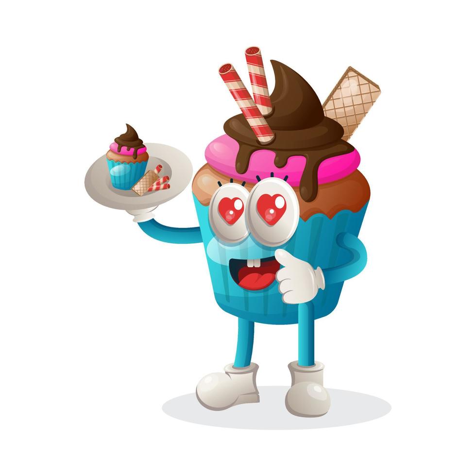 Cute cupcake mascot serving desserts, waiters vector