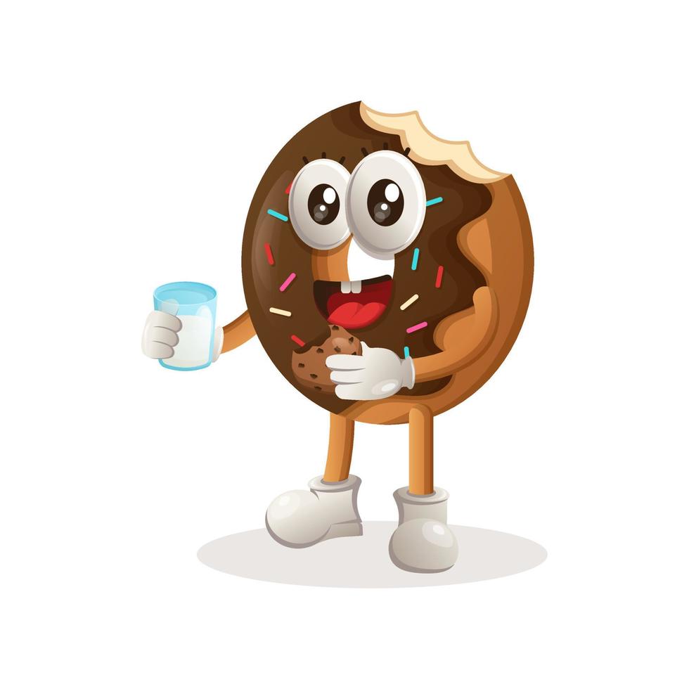 linda mascota de donut bebe leche y come galleta vector