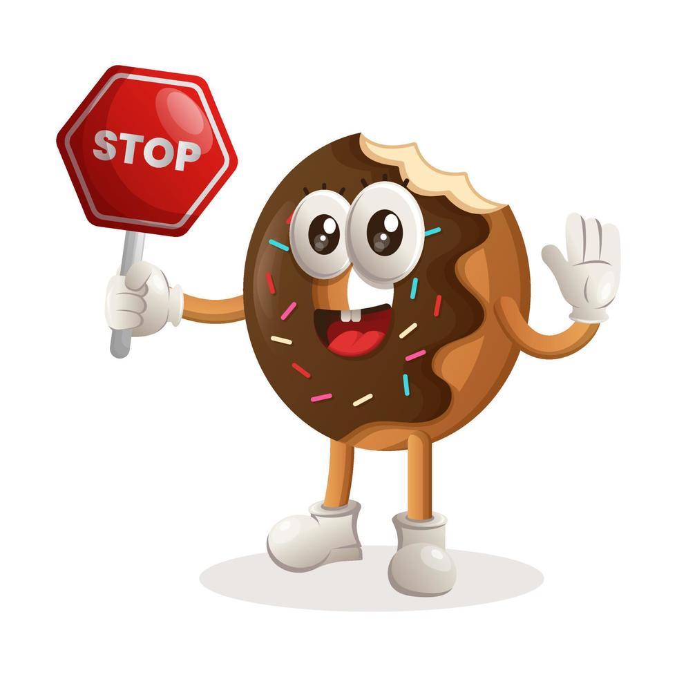 Cute donut mascot holding stop sign, street sign, road sign vector