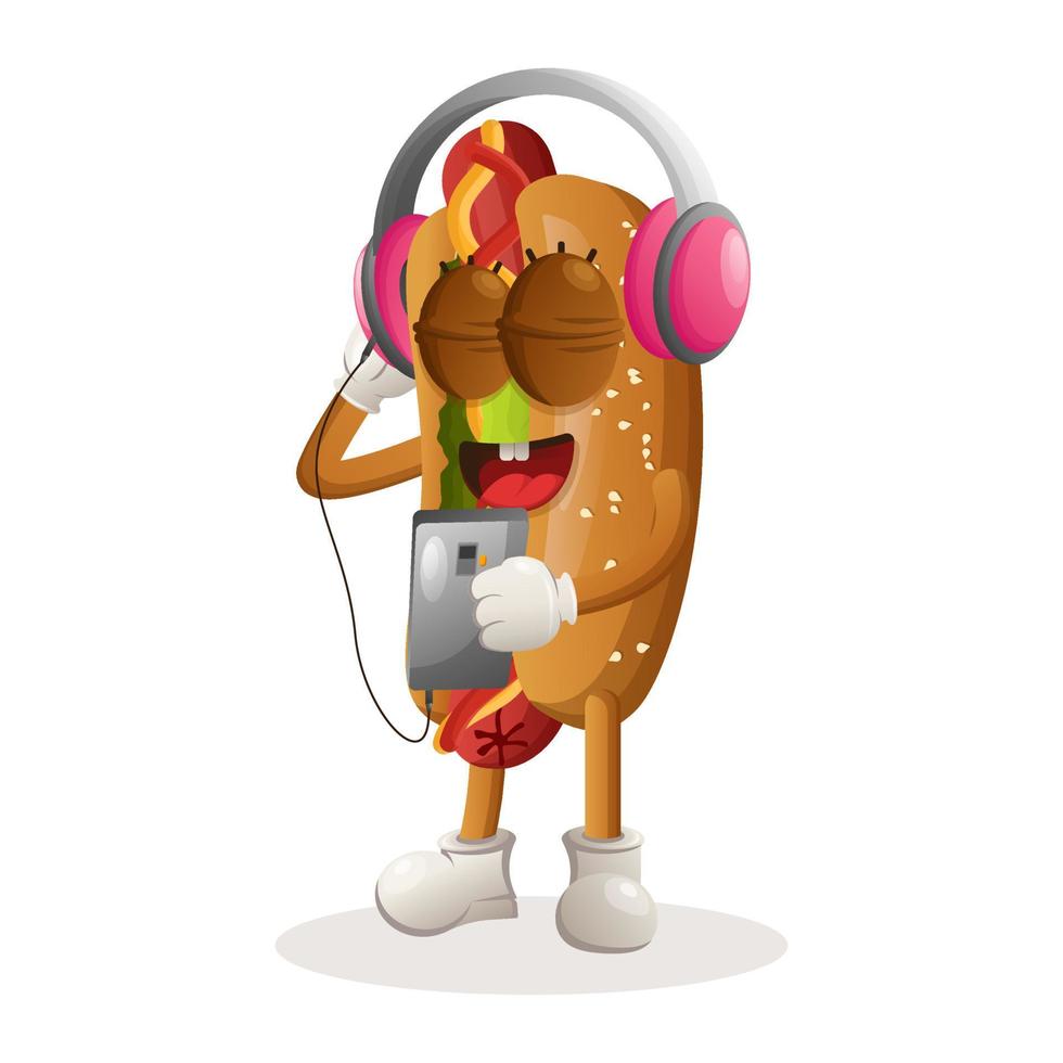 Cute hotdog mascot listening music on a smartphone using a headphone vector