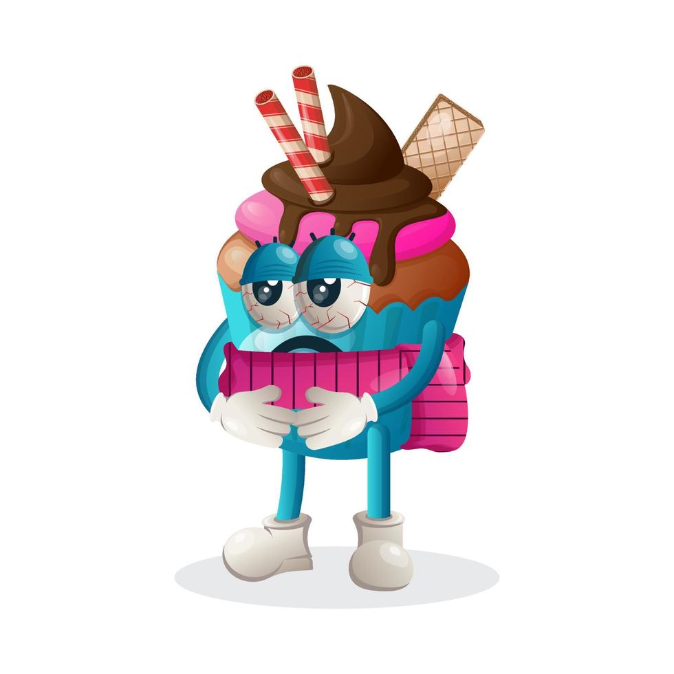 Cute cupcake mascot unwell, sick, fever, wearing a scarf vector