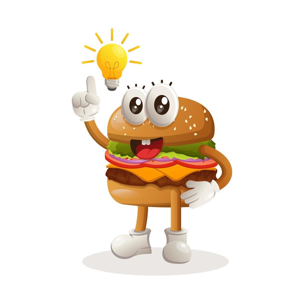 Cute burger mascot design got an idea, bulb idea, inspiration vector