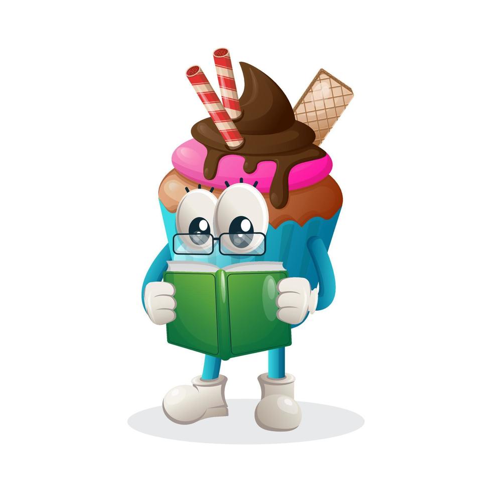 Cute cupcake mascot reading a book vector
