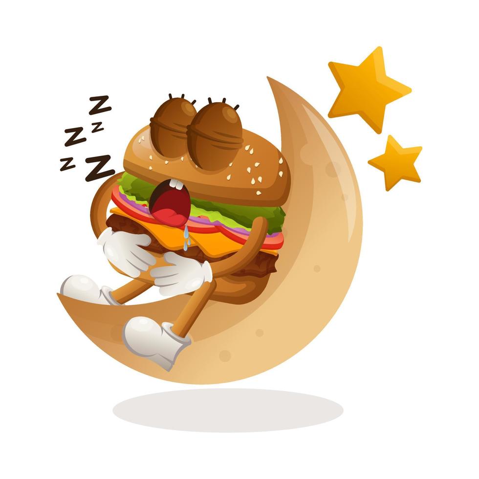 lindo diseño de mascota de hamburguesa durmiendo, durmiendo en la luna vector