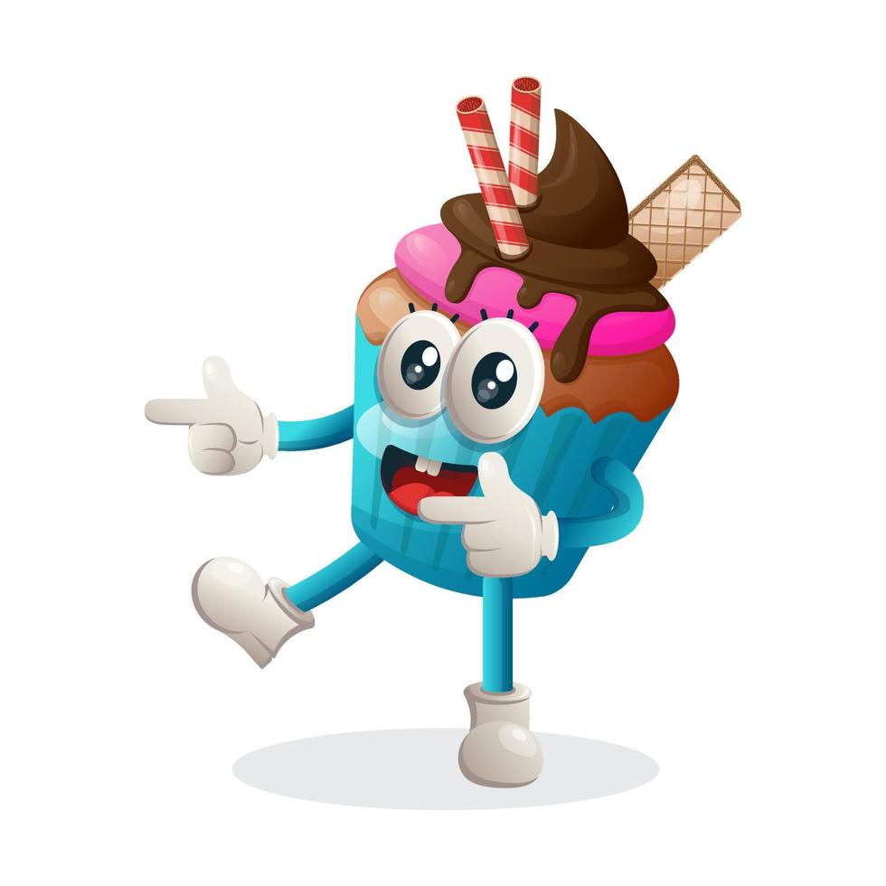 Cute cupcake mascot playful with pointed hand vector