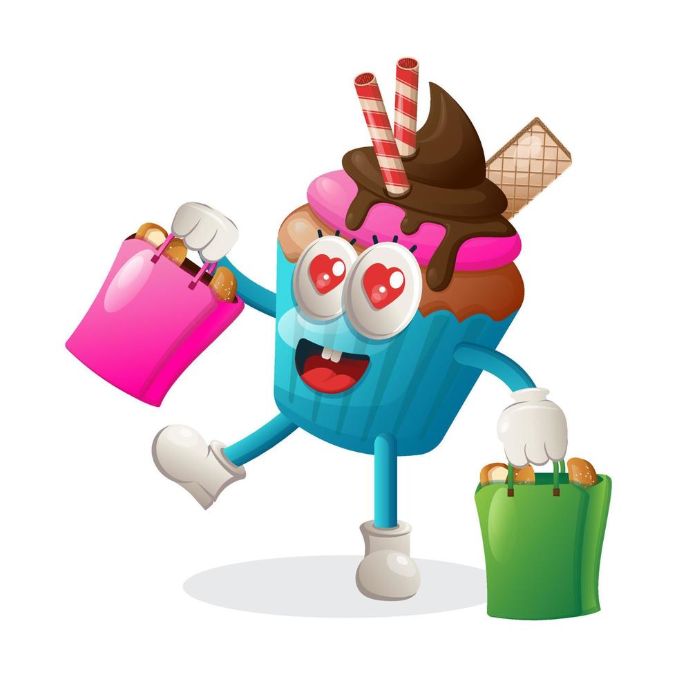 Cute cupcake mascot happy shopping vector
