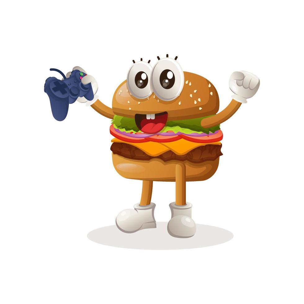 lindo diseño de mascota de hamburguesa jugando videojuegos con joystick de sujeción vector