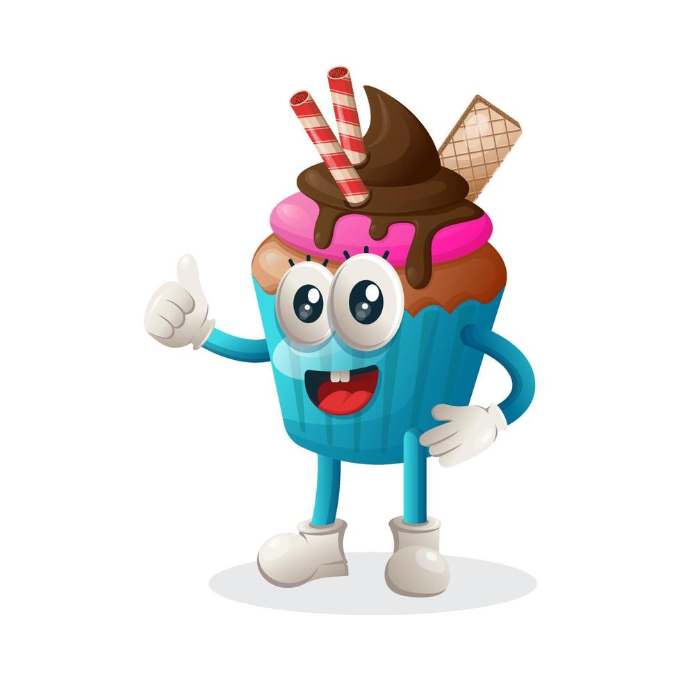 Cute cupcake mascot thumbs up vector