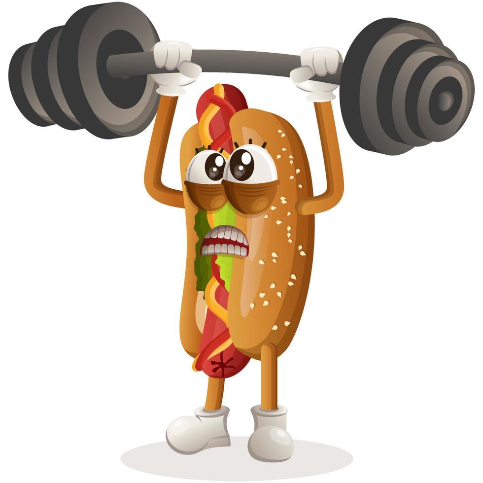 Cute hotdog mascot bodybuilding with barbell vector