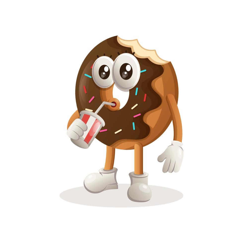 Cute donut mascot drinking soda, cola vector