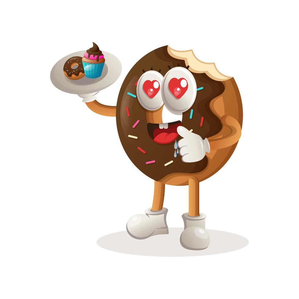 Linda mascota donut sirviendo postres, camareros vector