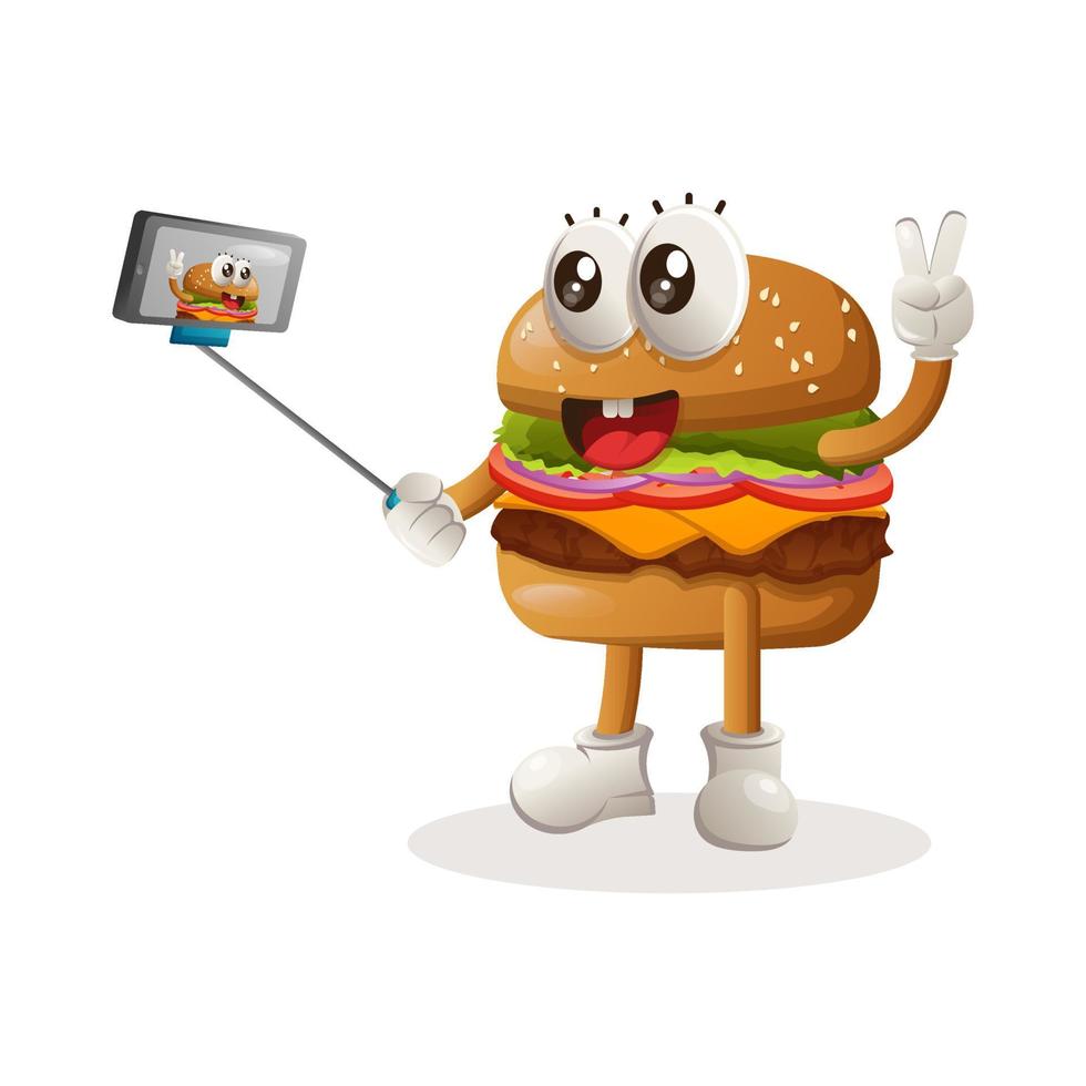 Cute burger mascot design takes a selfie with smartphone vector