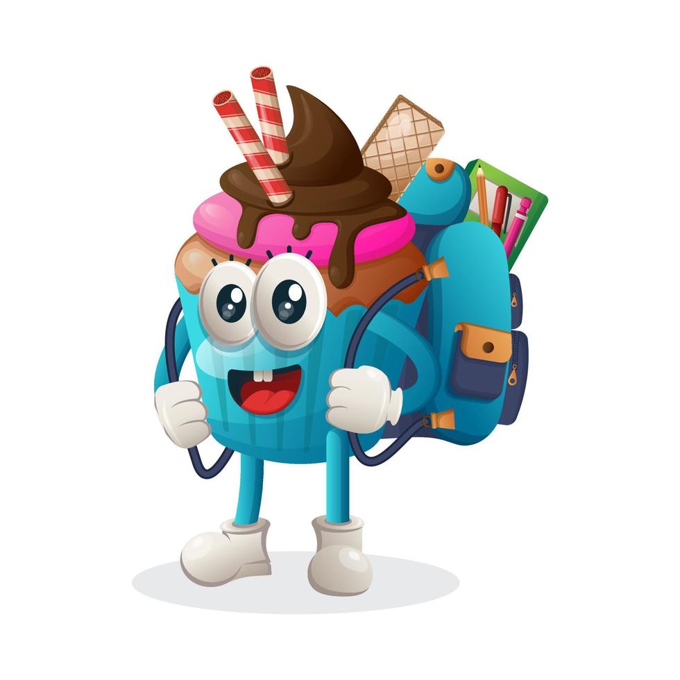 Cute cupcake mascot carrying a schoolbag, backpack, back to school vector