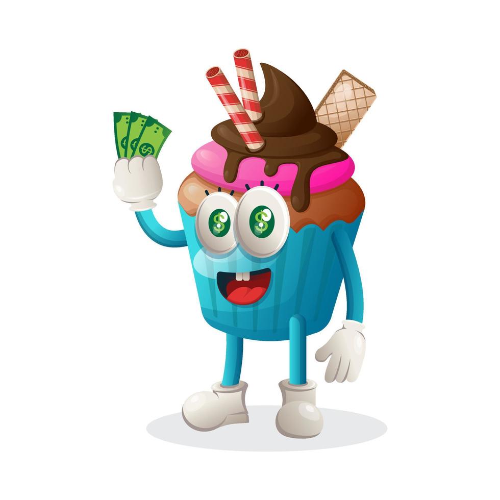 Cute cupcake mascot holding money vector