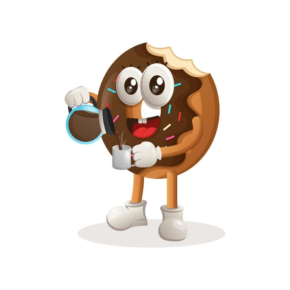 linda mascota de donut bebiendo café, hora del café vector