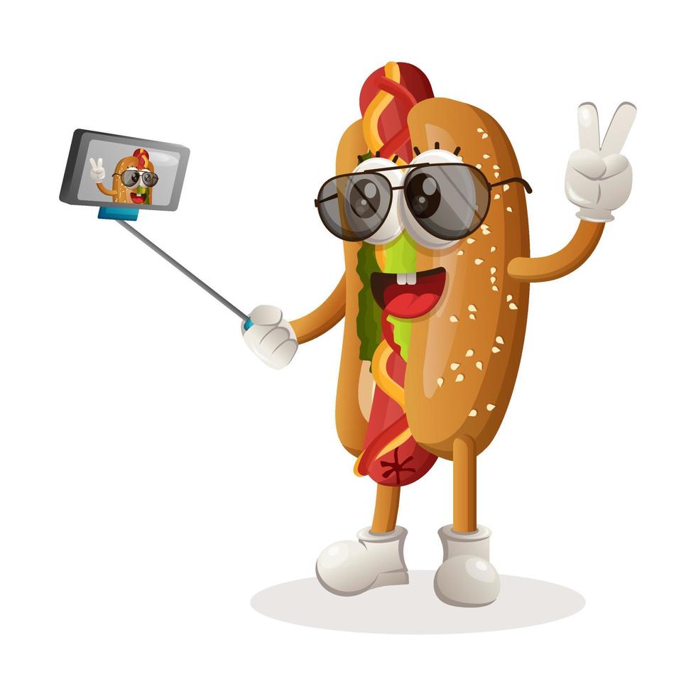 Cute hotdog mascot takes a selfie with smartphone vector