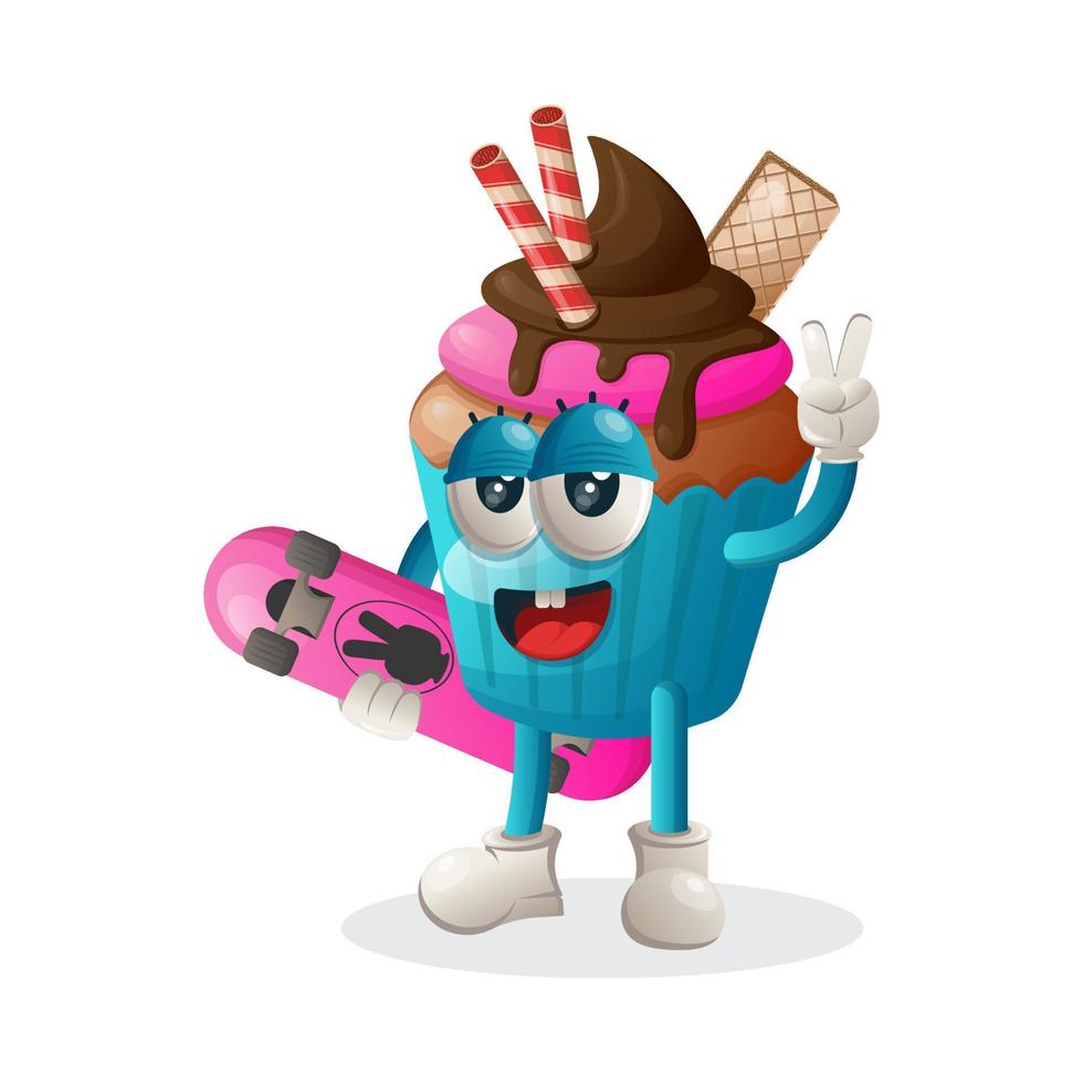 Cute cupcake mascot carrying a skateboard vector