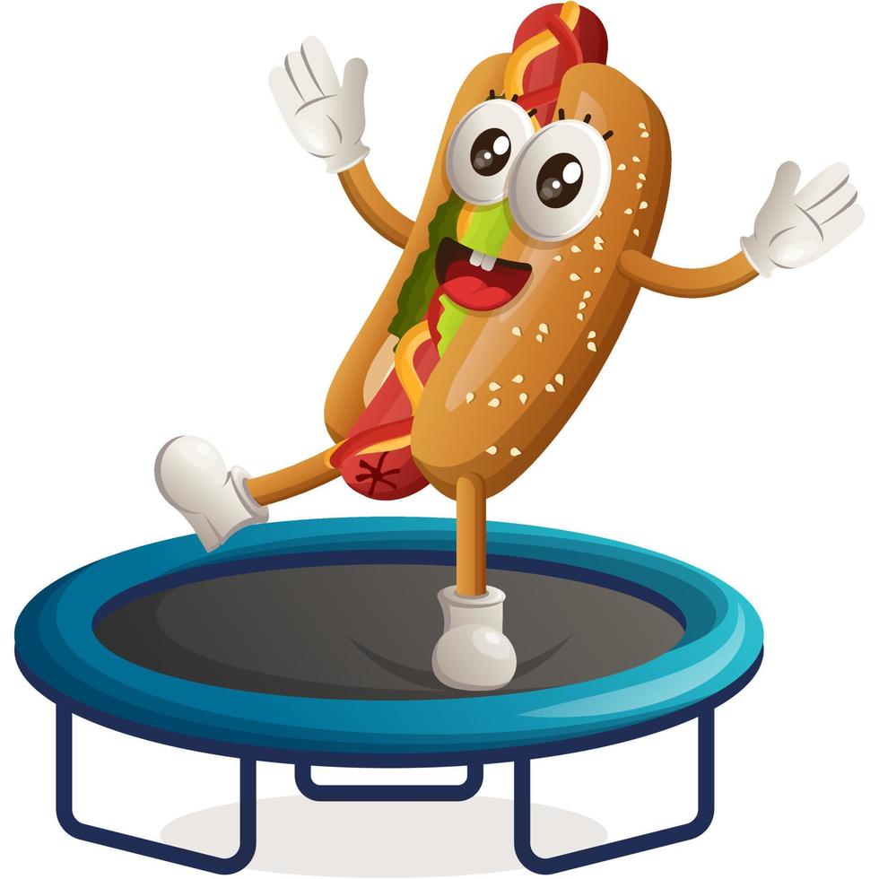 Cute hotdog mascot playing trampoline game vector