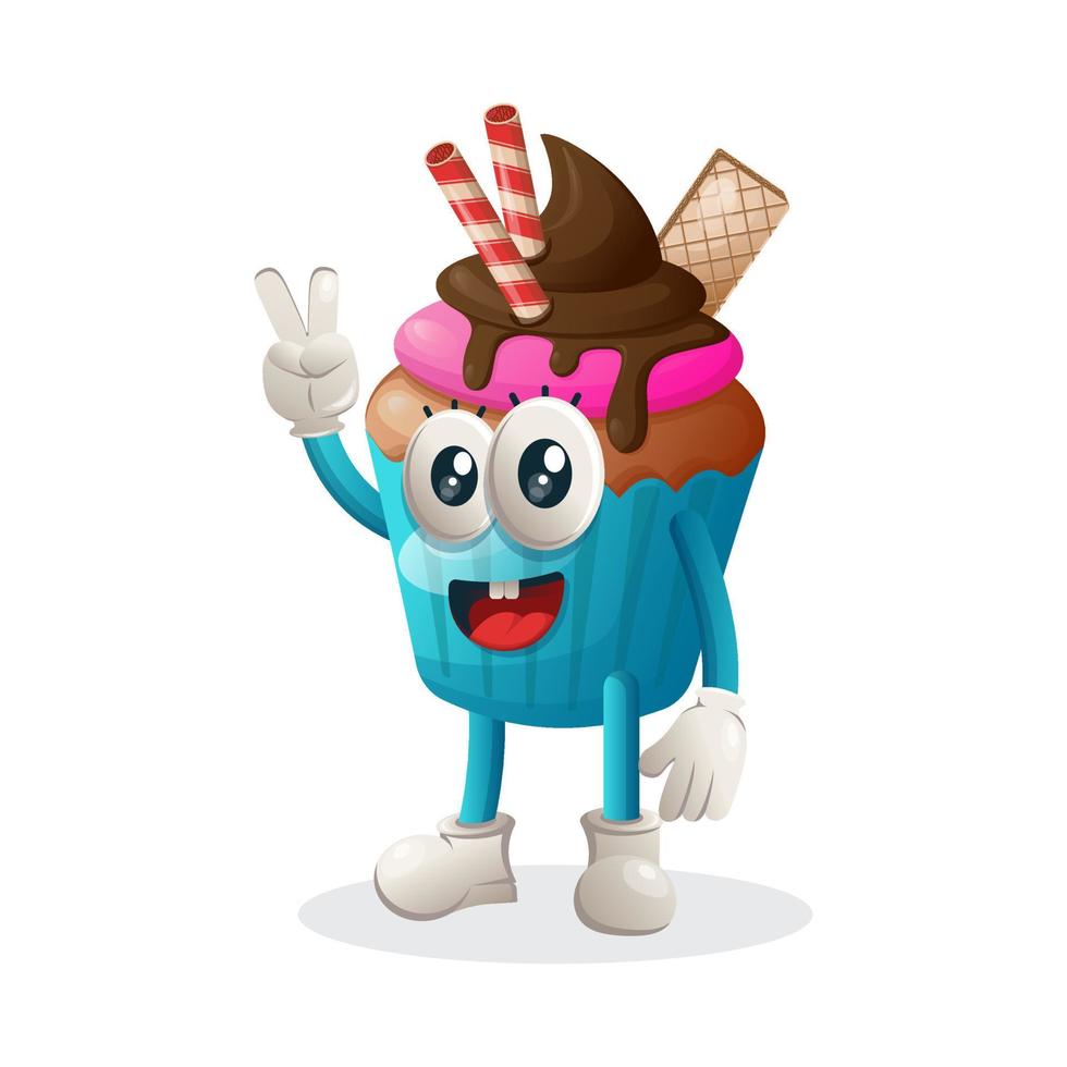 Cute cupcake mascot with peace hand vector
