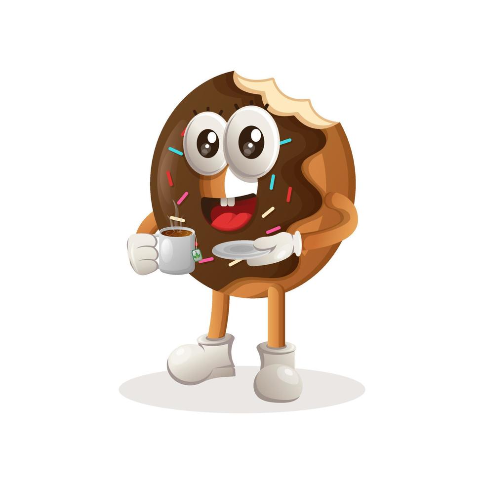 Cute donut mascot drinking tea, tea time vector