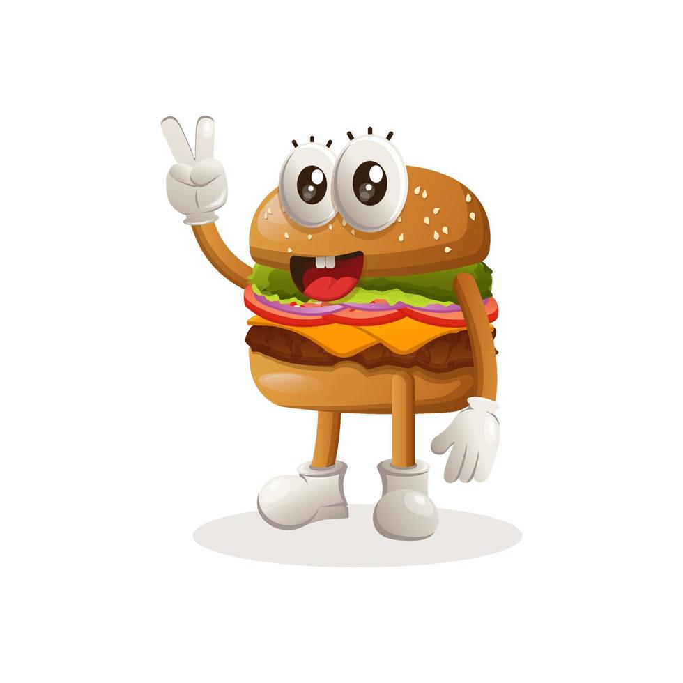 lindo diseño de mascota de hamburguesa con mano de paz vector