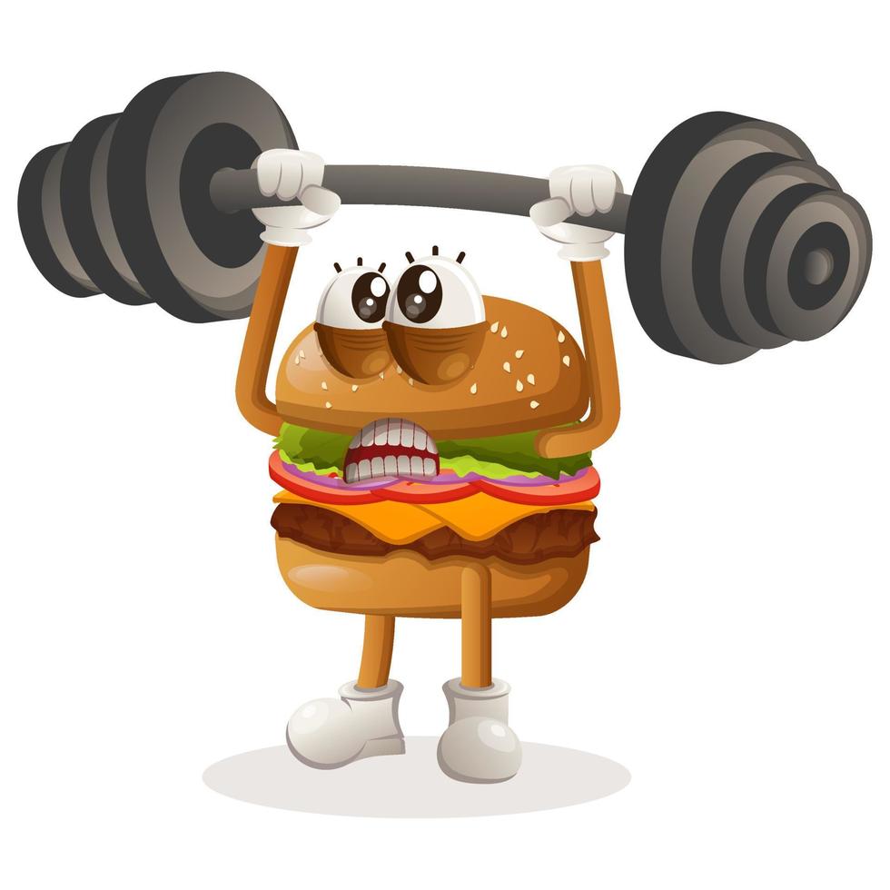 Cute burger mascot design bodybuilding with barbell flexing muscles vector